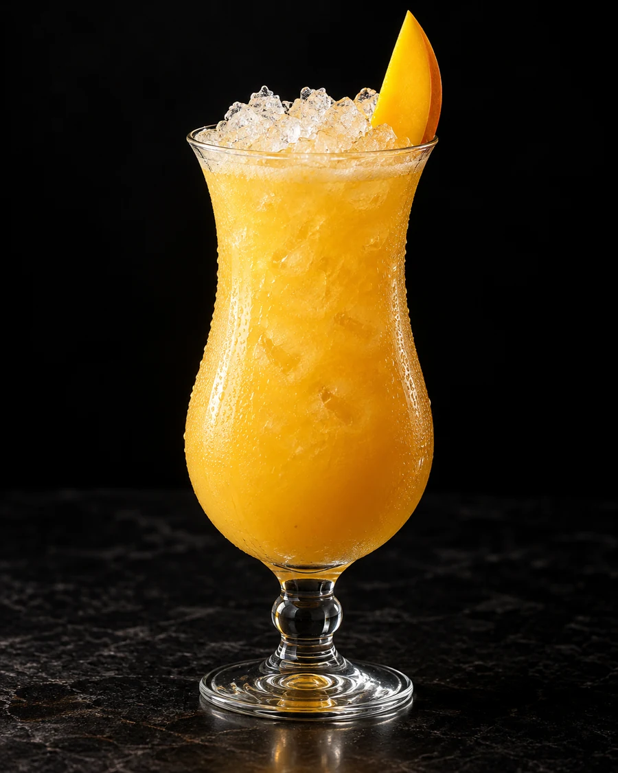 Alphonso Fog. Hurricane glass, golden mango body with crushed ice and mango slice garnish.