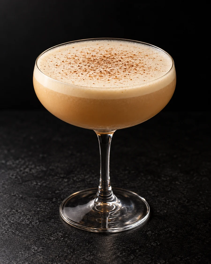 opaque tan Alpine Flip in a large coupe with a fine foam cap and nutmeg dusting, no ice.