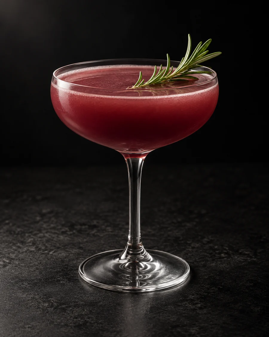 Cloudy muted burgundy Alpine Hippie Juice in a coupe with rosemary sprig, no ice.