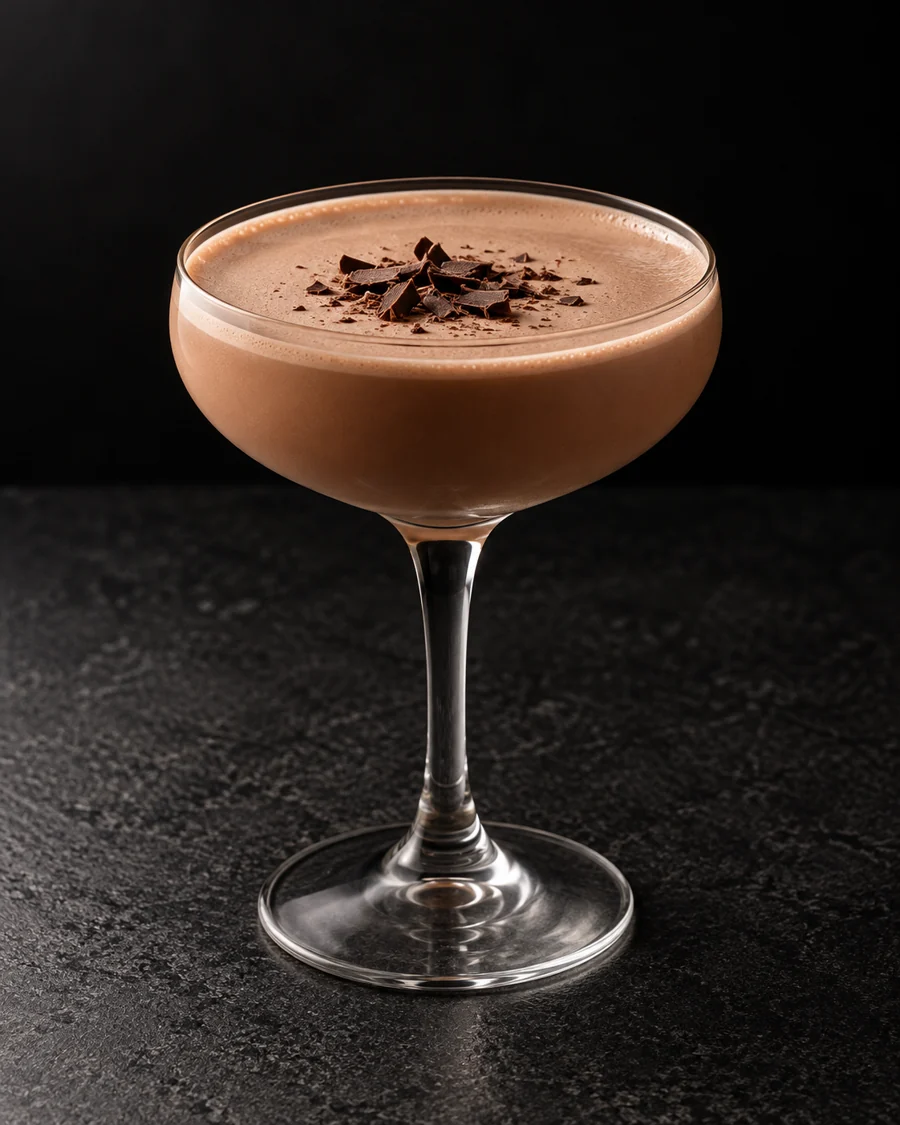 opaque light cocoa-brown Alpine Hug in a coupe with a few dark chocolate shavings, no ice.