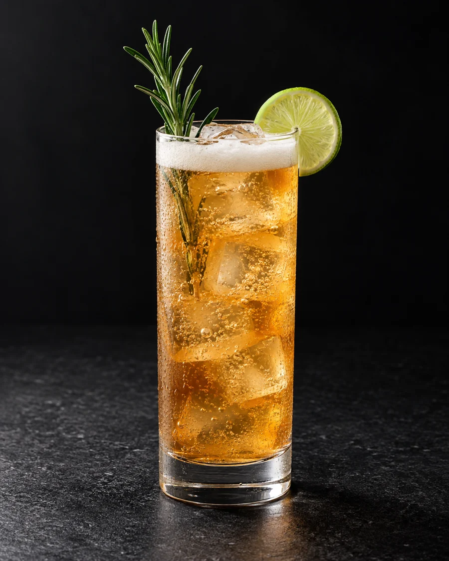 Amber Altstadt Collins over ice in a Collins glass, light beer foam, rosemary sprig and lime wheel.