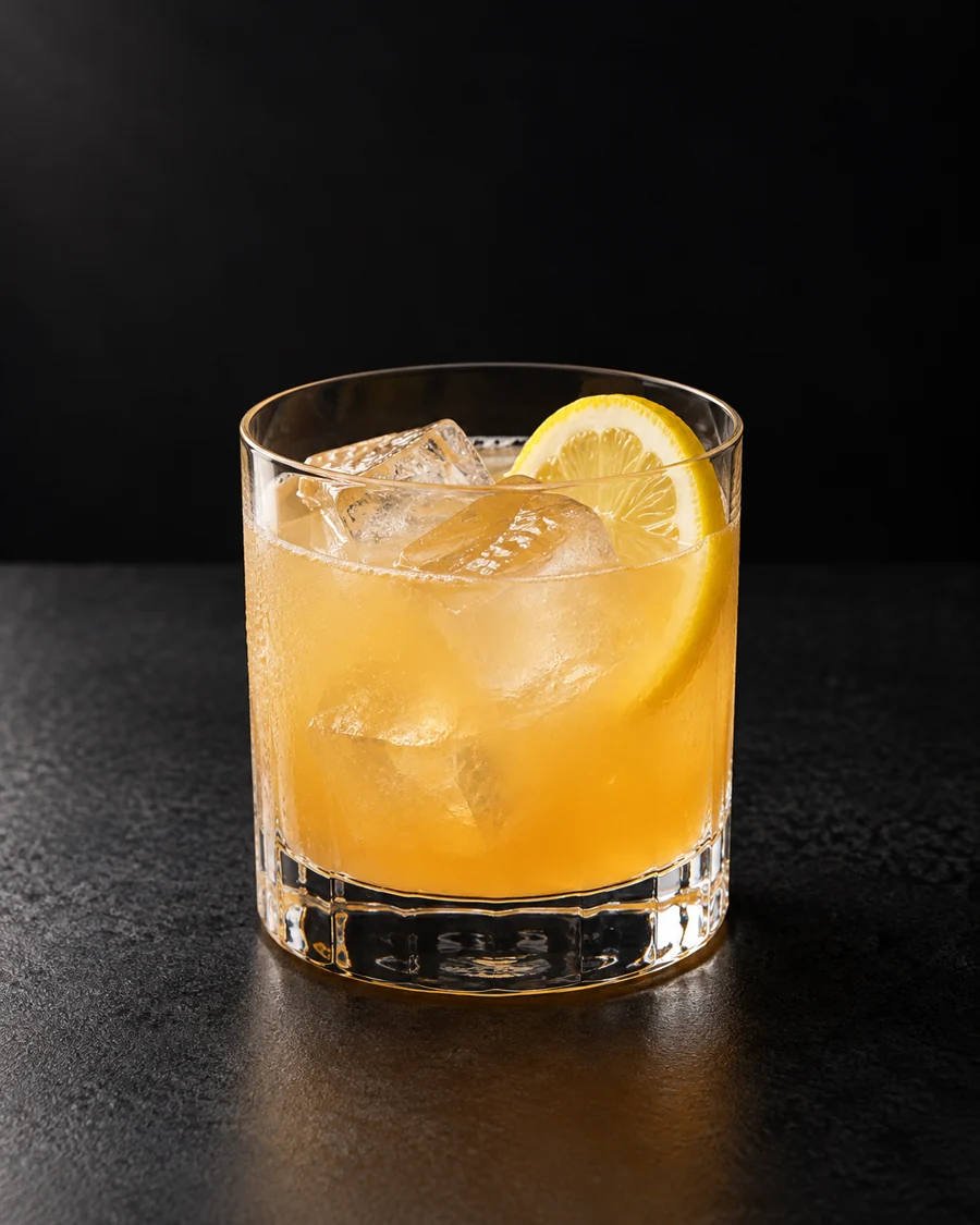 Golden cloudy sour in a rocks glass over cubed ice, a lemon slice, no egg foam.