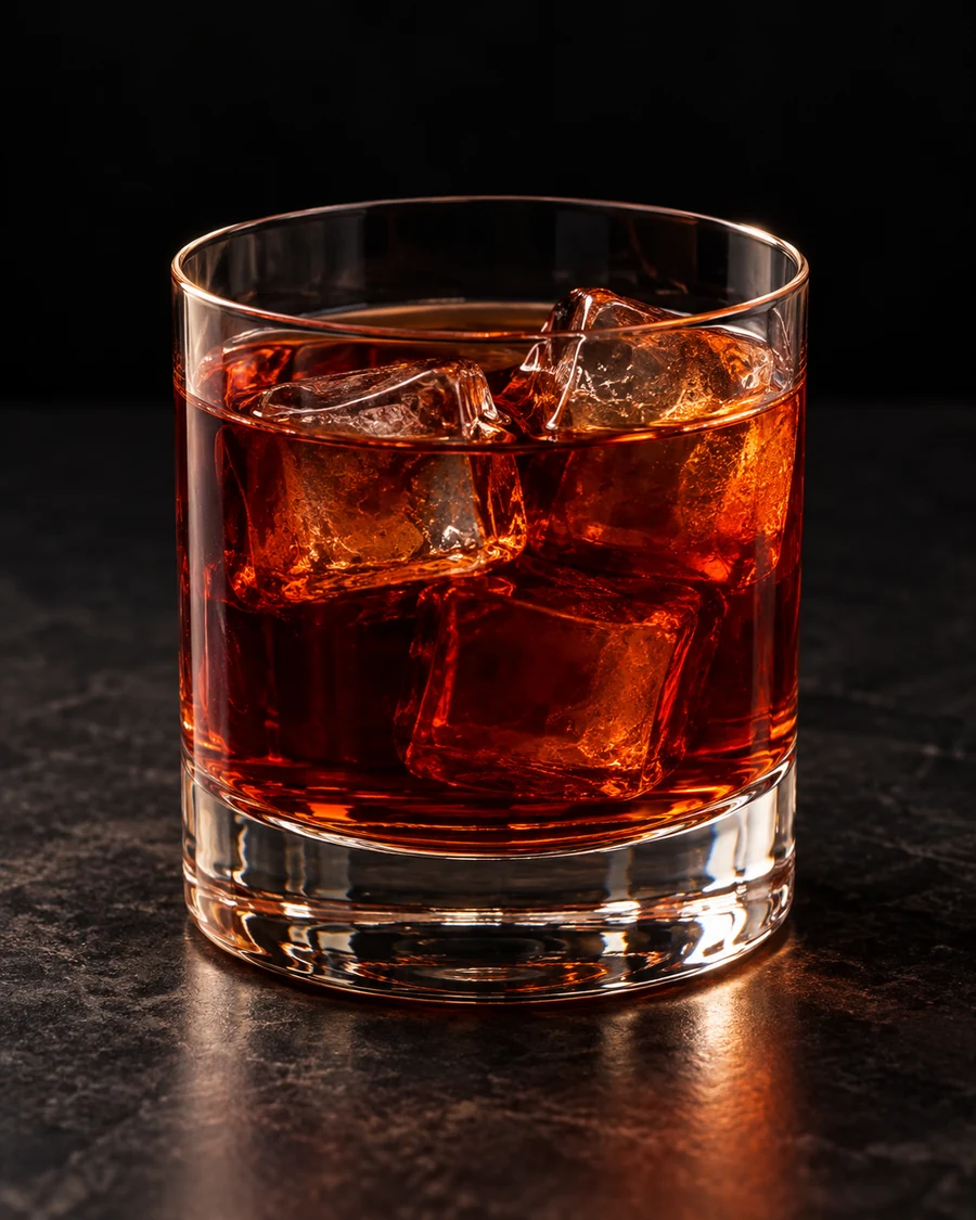 Amaricanto in a rocks glass, over fresh ice cubes, ungarnished, against a black background.