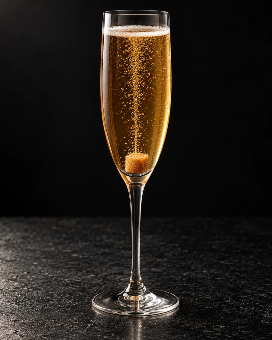 clear golden-amber Ambassador of Koin with bubbles and a sugar cube at the base of a flute, no ice or garnish.