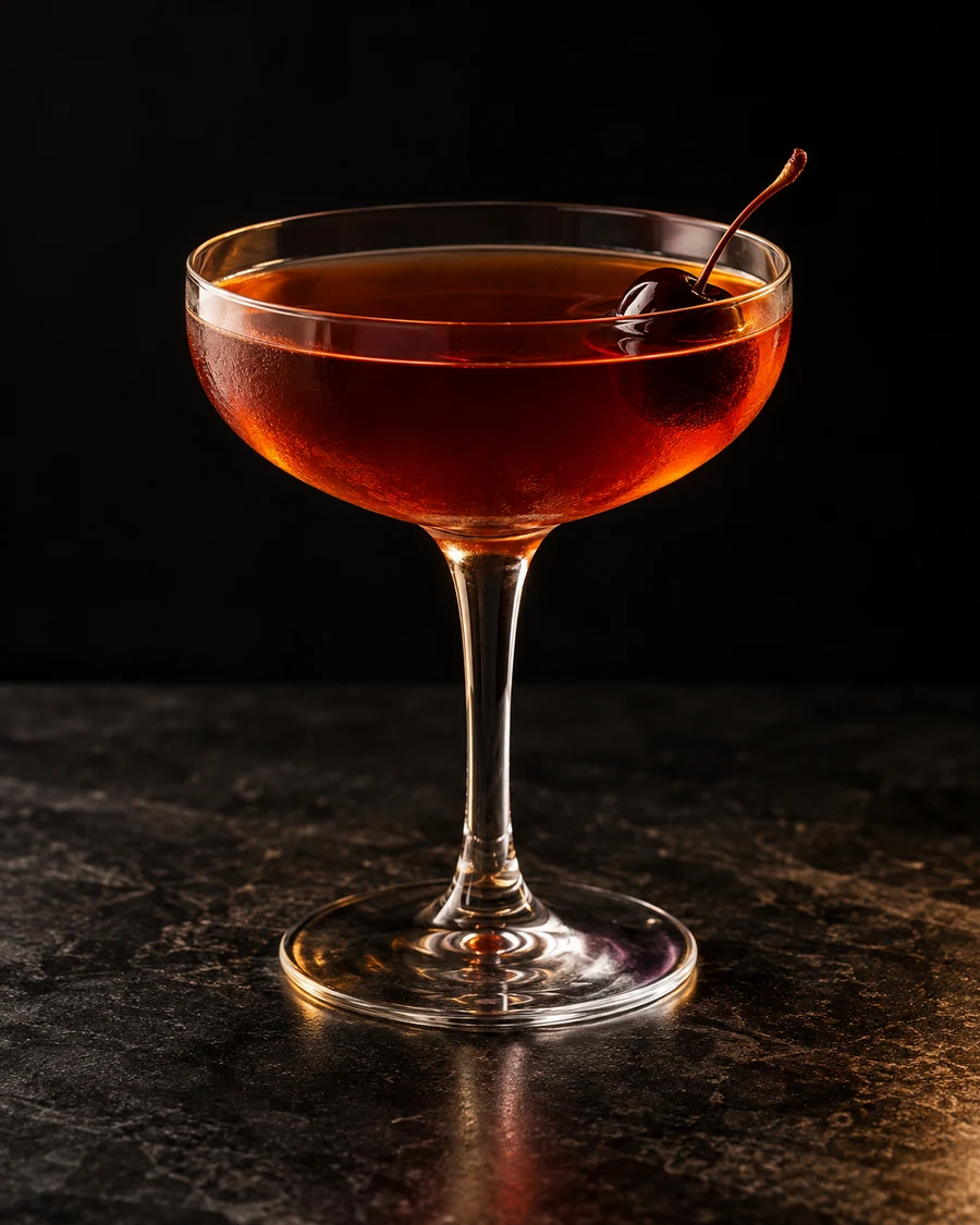 Ambidextrous: deep reddish-amber cocktail in a chilled stemmed coupe, served without ice with a dark stemmed cherry.