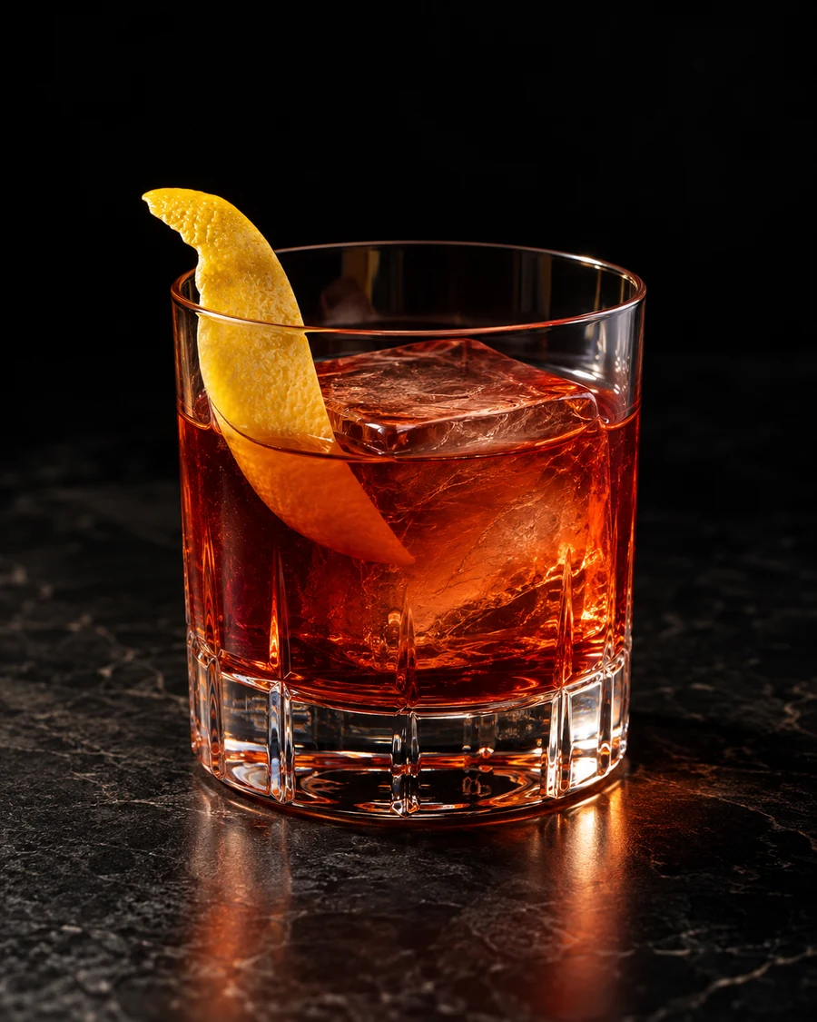 Amendment 35.6. Rocks glass, single large ice cube, clear red-amber spirit-forward body and lemon peel.