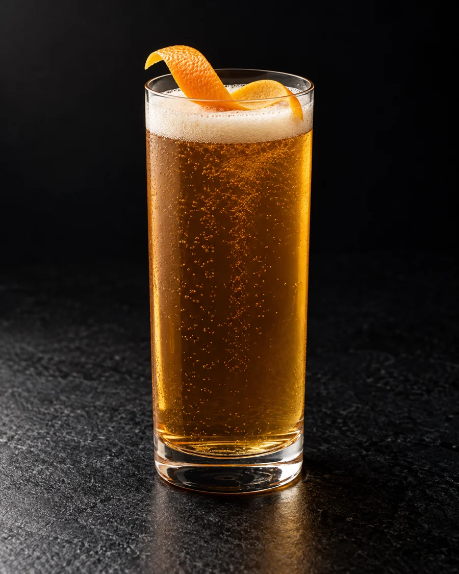 clear amber Amer Frontière in a tall Collins glass with a modest beer head and orange twist, no ice.