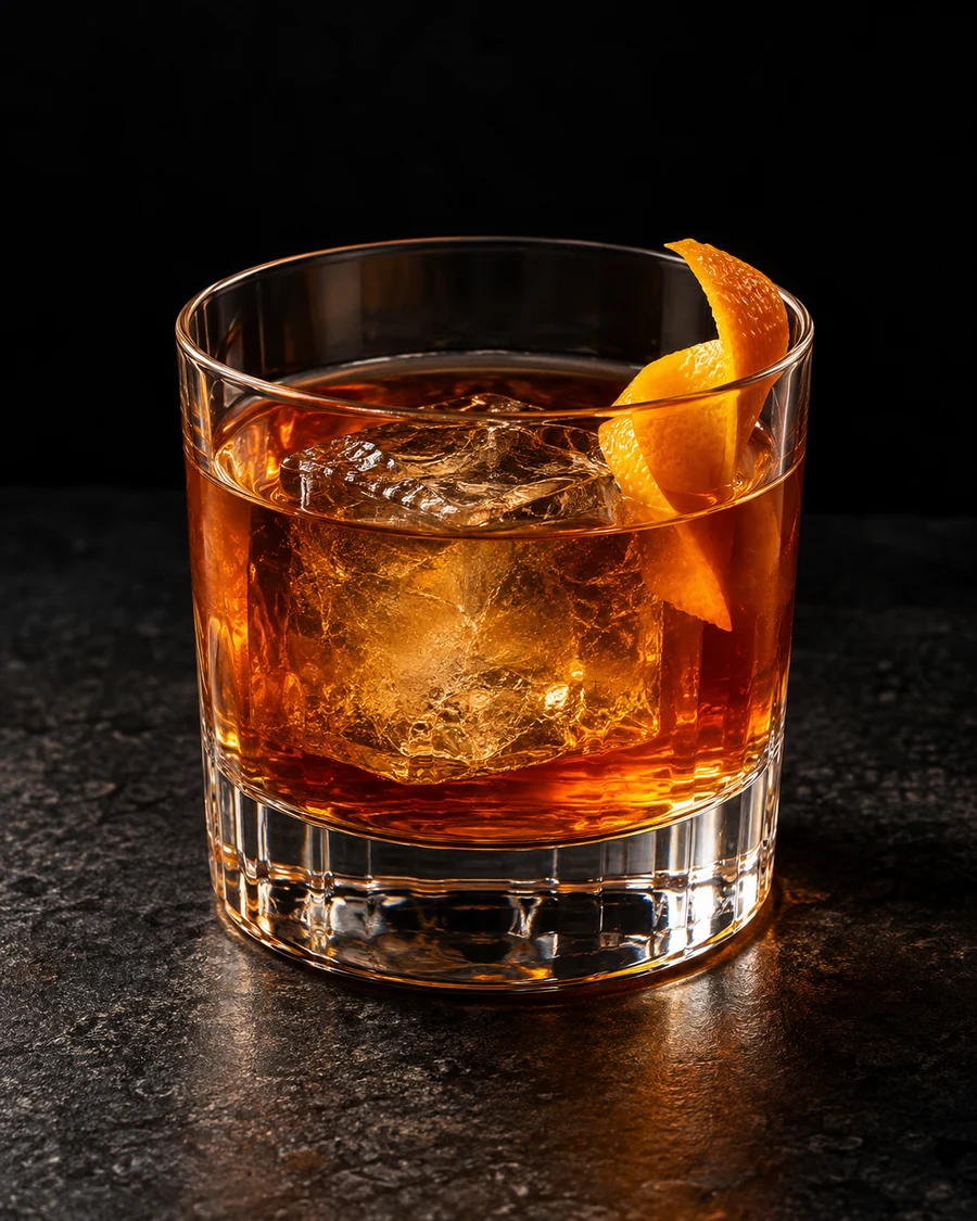 American Gumption: Amber drink in rocks glass, one large cube and orange twist.