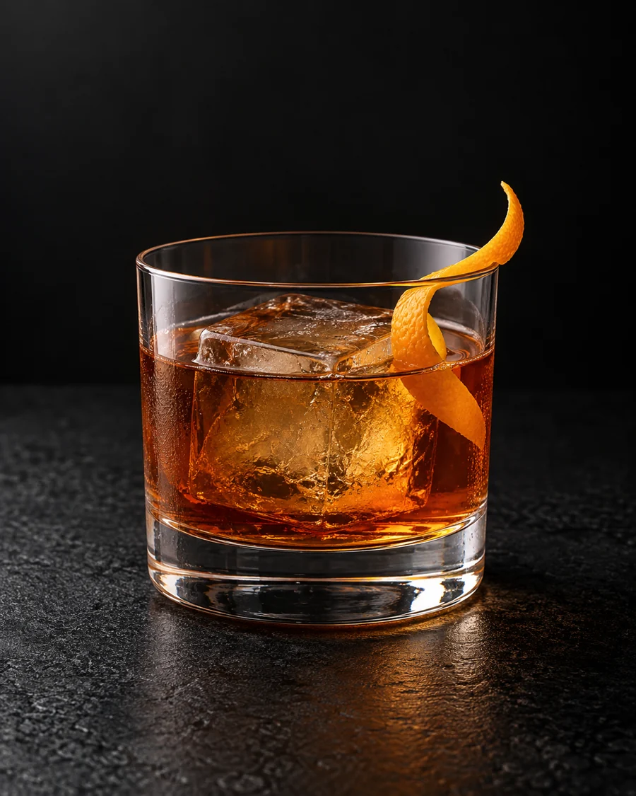 Clear amber cocktail in a rocks glass over one large cube, orange twist.