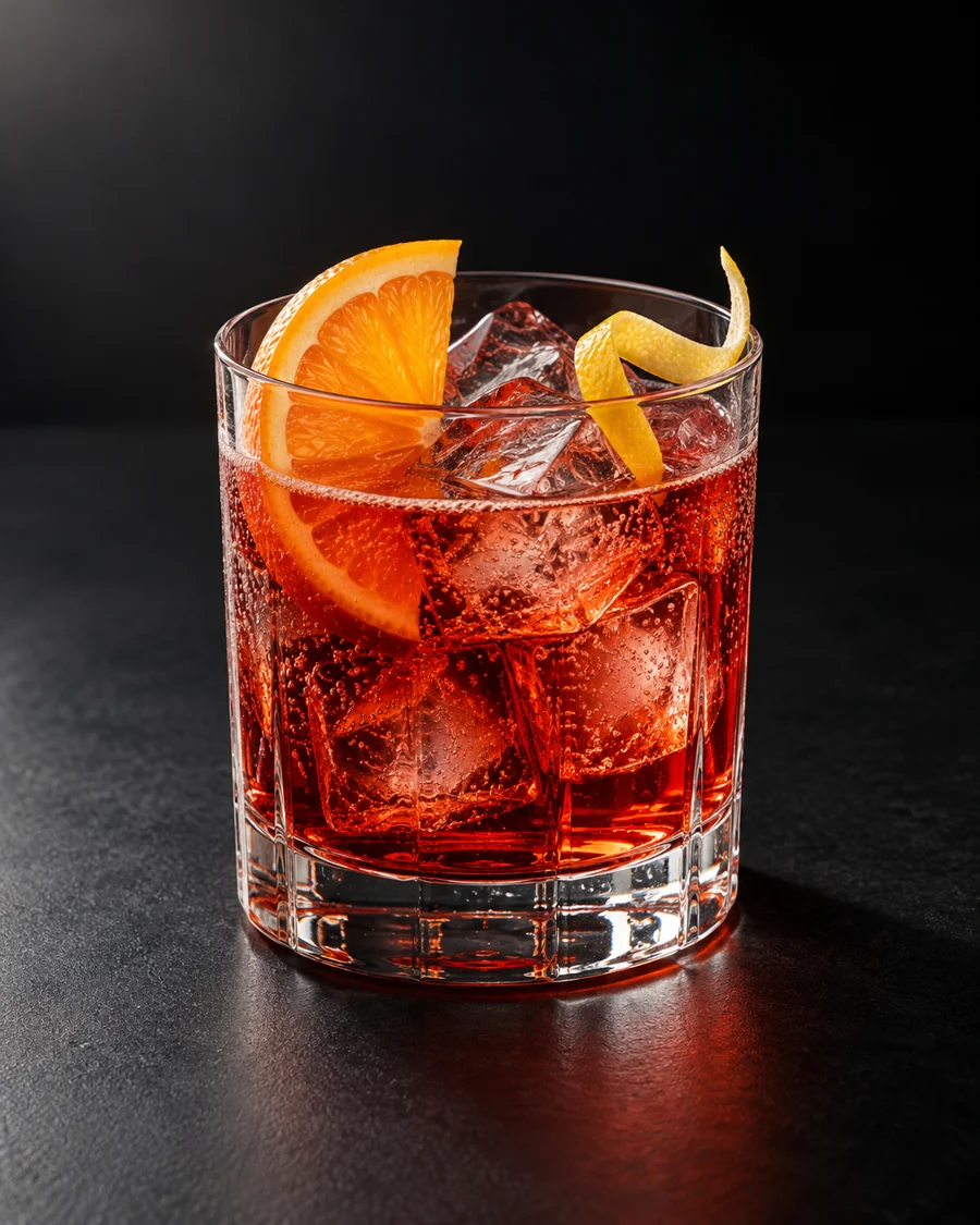 Americano served in a rocks glass with half an orange slice and a lemon twist against a black background.