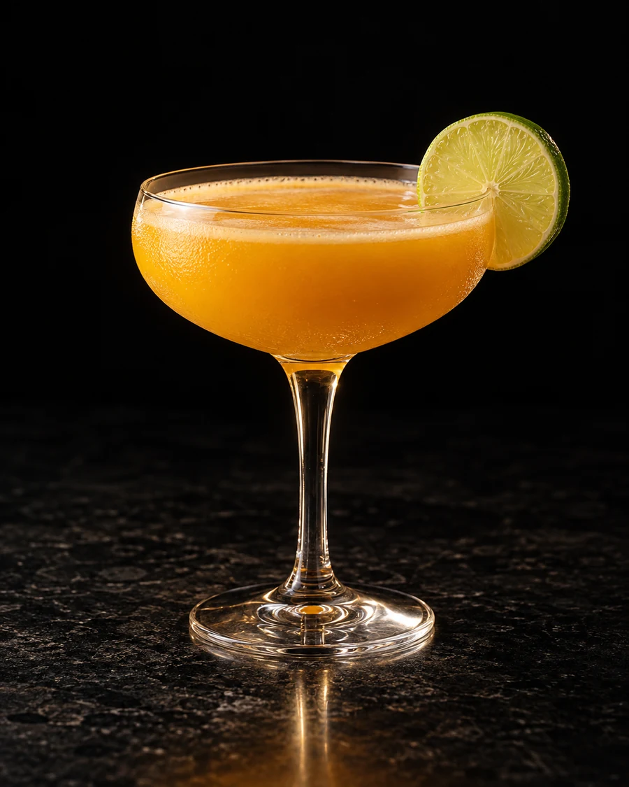 Ancho Mango Margarita. Coupe, golden-orange mango body served without ice, lime wheel and thin shaken froth.