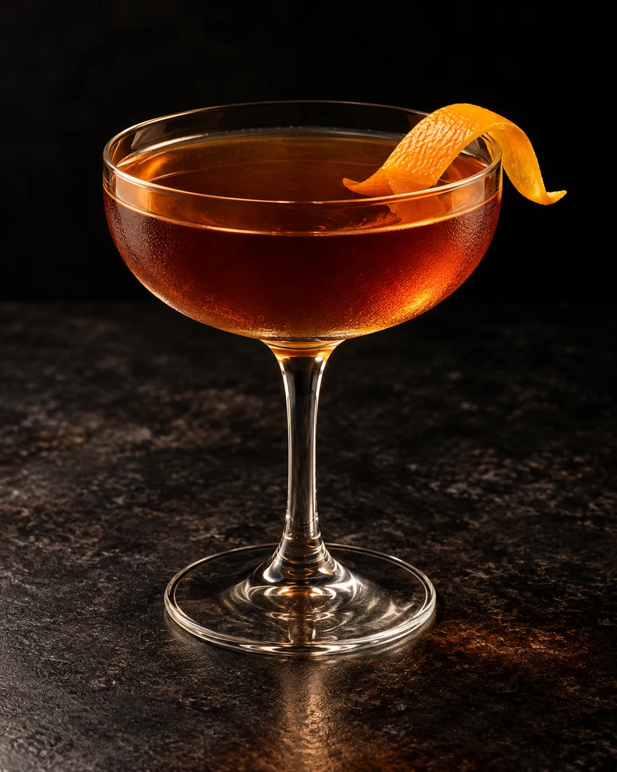 Anchor-Faced: Brown stirred cocktail in coupe, orange twist, no ice.