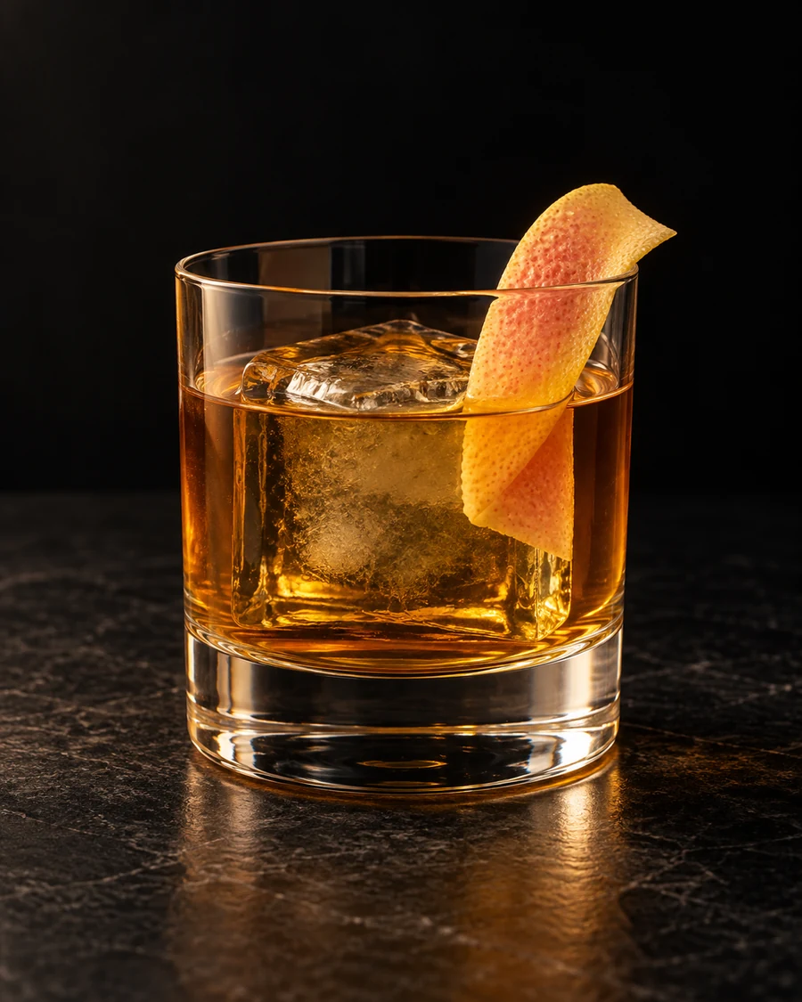 Anderson Punch in a rocks glass, over one large ice cube, with grapefruit twist, against a black background.