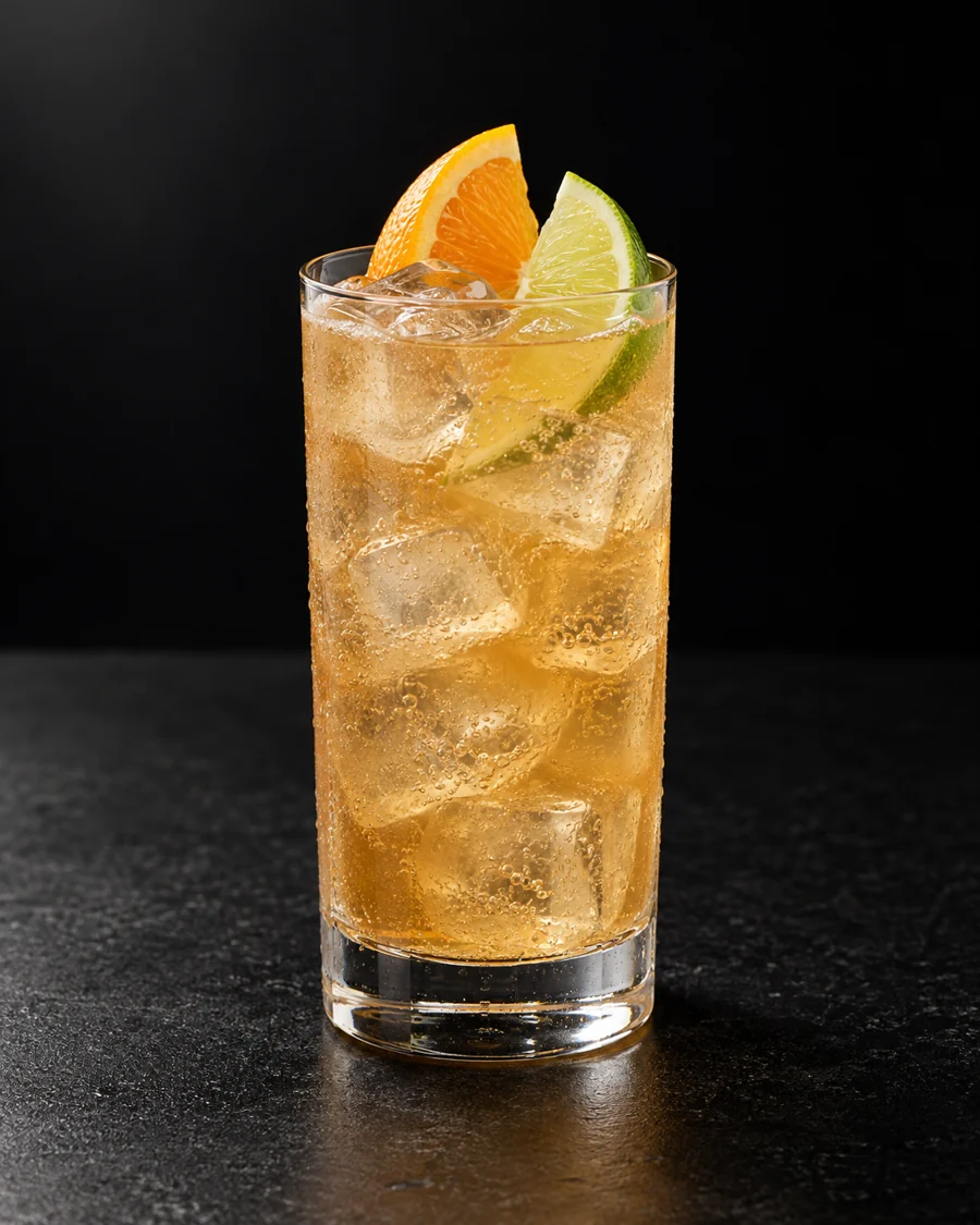 pale amber Añejo Highball in a compact highball over ice with orange and lime wedges.
