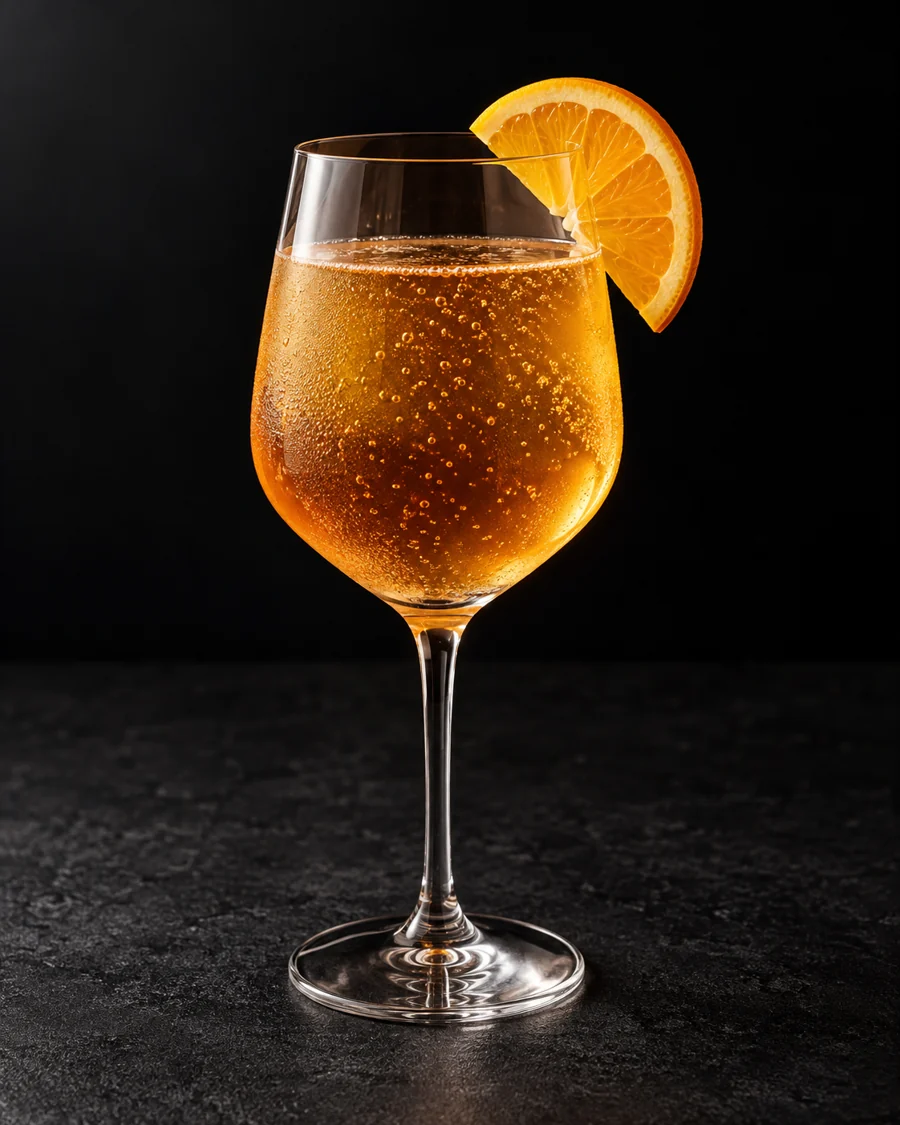 Pale amber Angostura Amaro Spritz in a wine glass with small bubbles and an orange half-wheel, no ice.