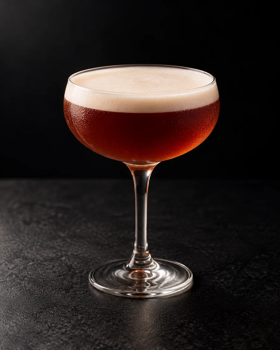 Deep reddish-brown Angostura Sour in a coupe with a pale foam cap and no garnish.