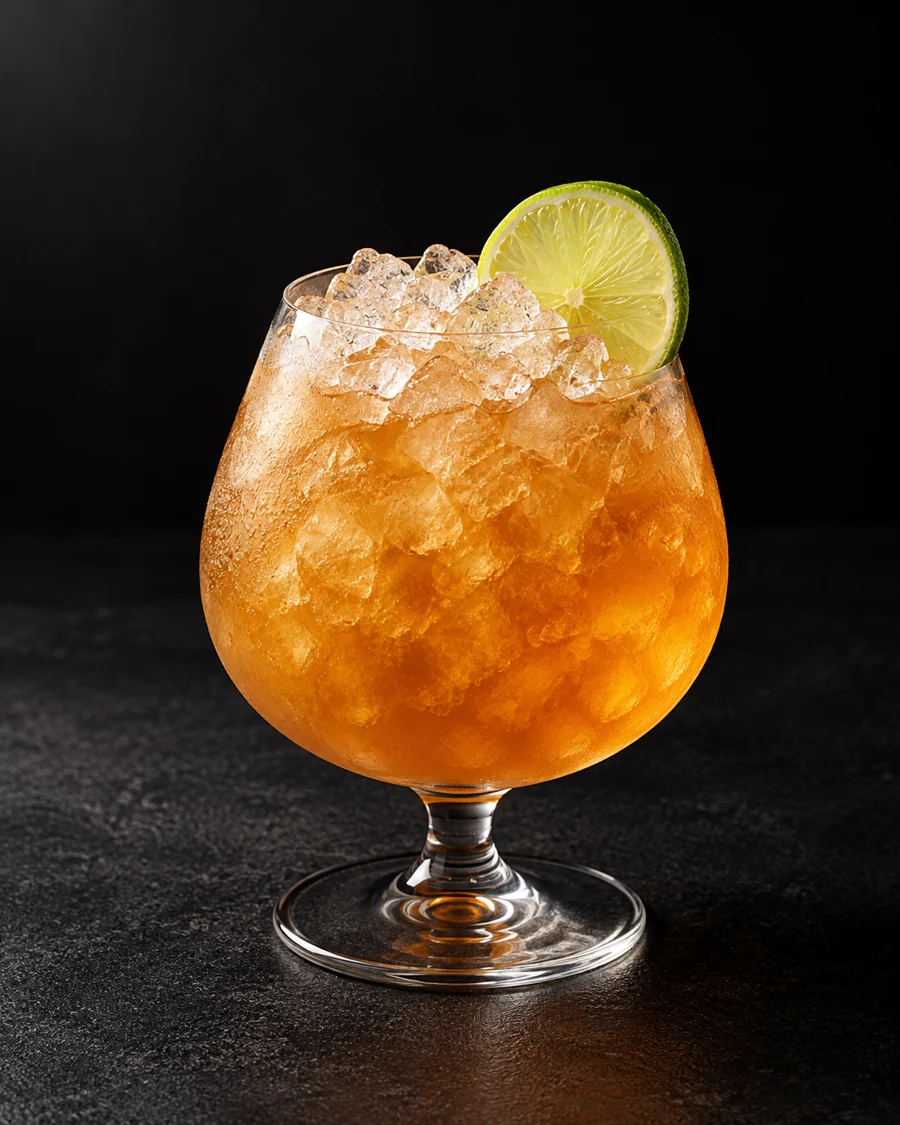 golden-amber Anna Skytte’s Raid over crushed ice in a snifter with lime wheel.