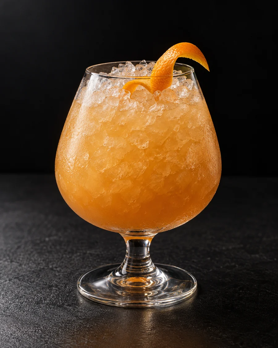 Cloudy amber-peach Annie Bonnie in a snifter packed with crushed ice, orange twist.