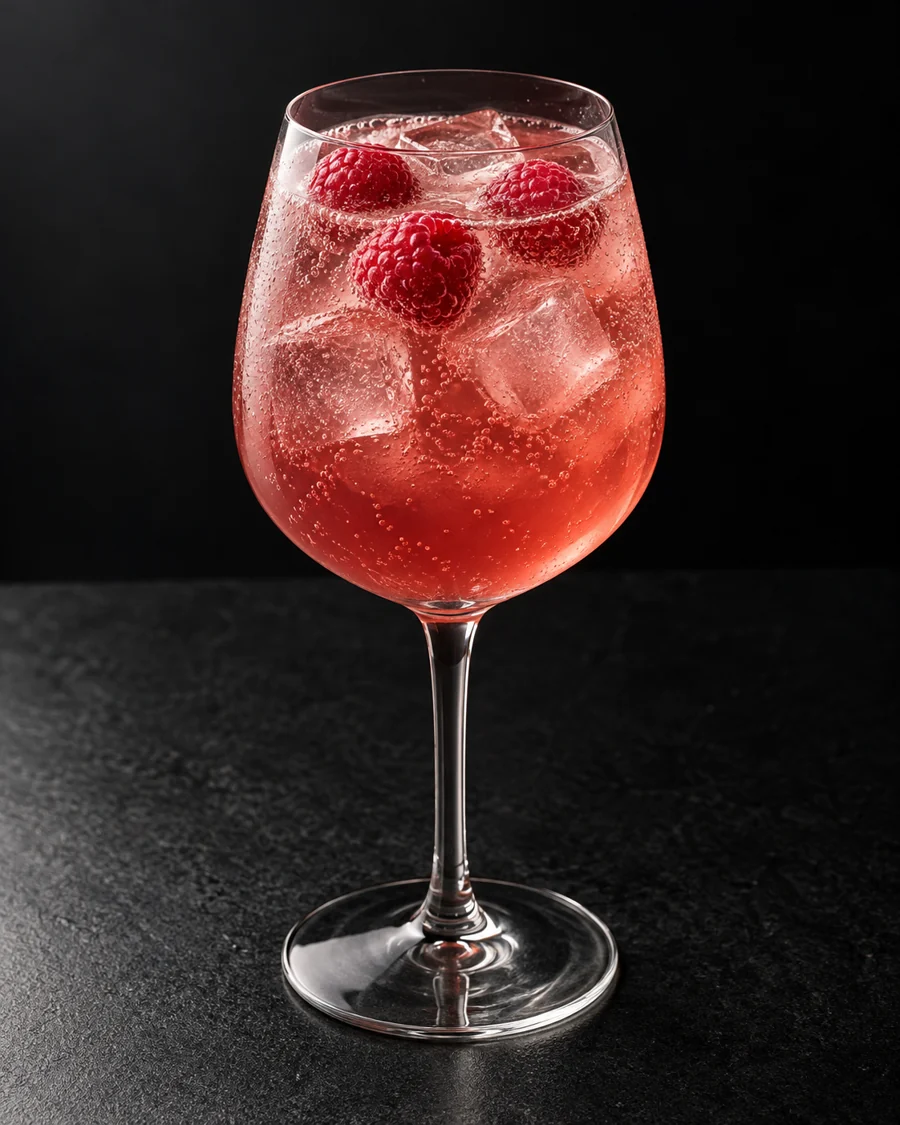 Pink-red Another False Alarm in a wine glass over ice, fine bubbles and three raspberries.