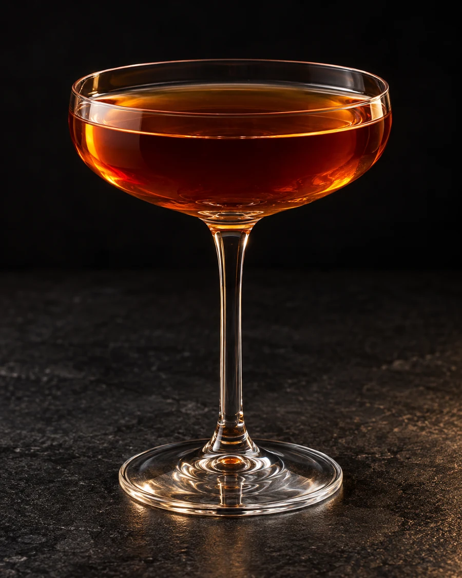 Ante in a coupe glass, without ice, ungarnished, against a black background.