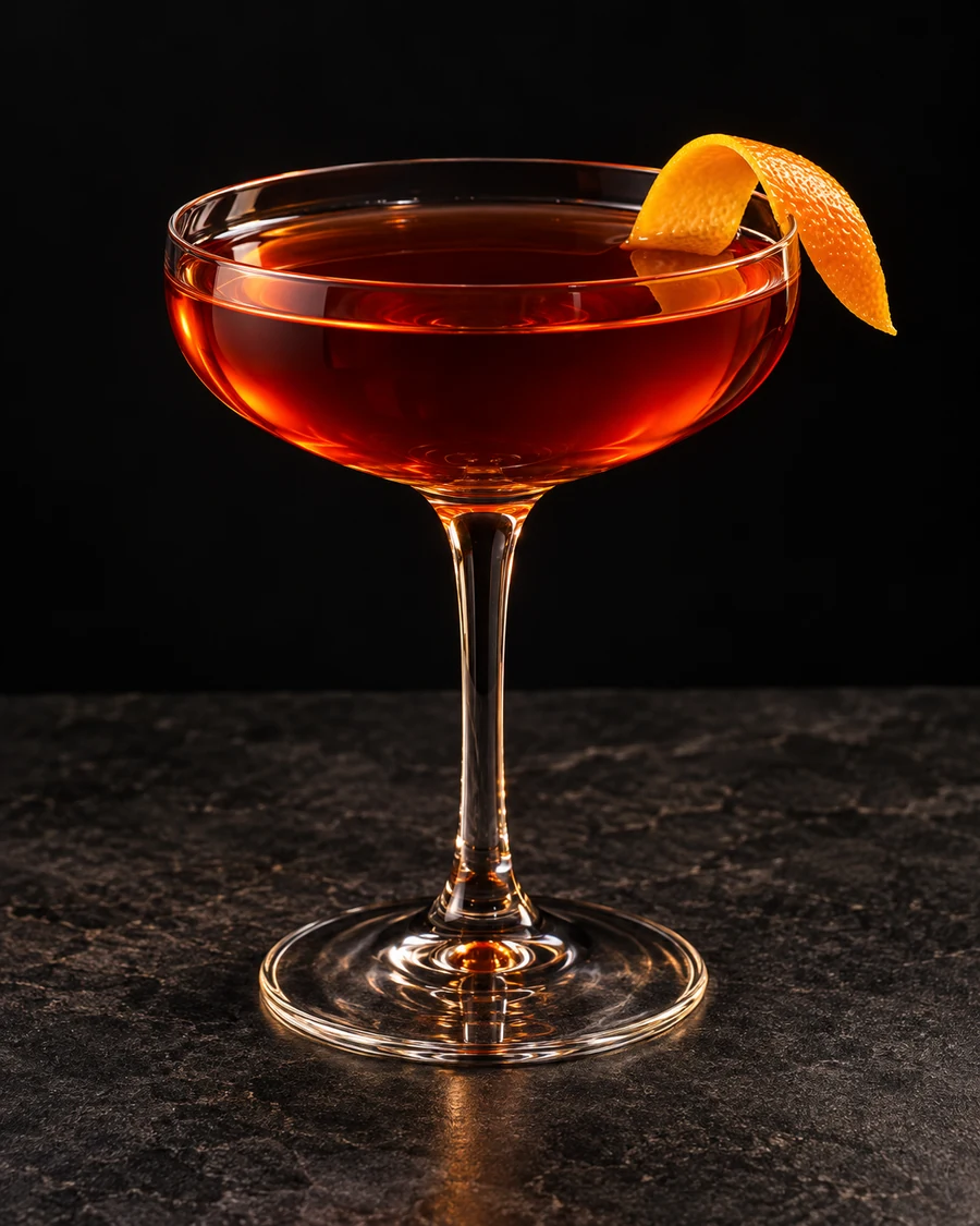 Aphrodite No. 1 in a coupe, served without ice, garnished with orange peel, against a black background.