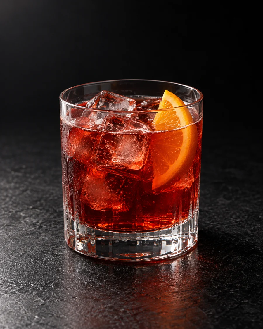 clear deep red Appennini Spritz in a rocks glass over ice with orange slice.
