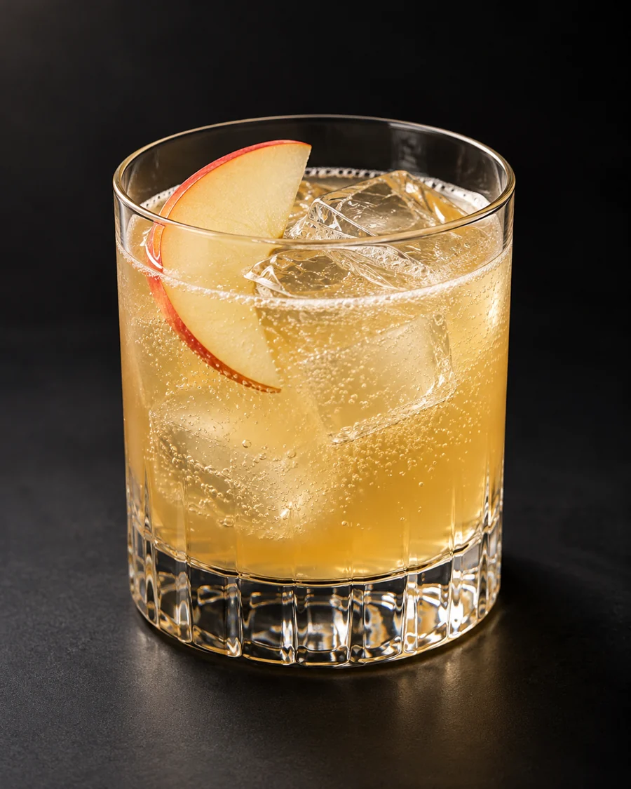 Apple Thyme Orchard served in a rocks glass with a thin apple slice against a black background.