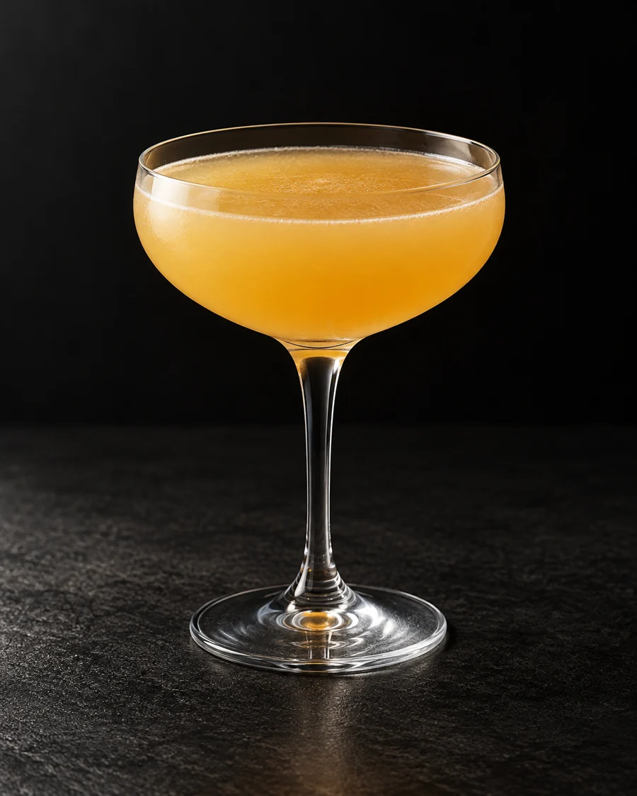 Cloudy golden-orange cocktail in a coupe, no ice and no garnish.