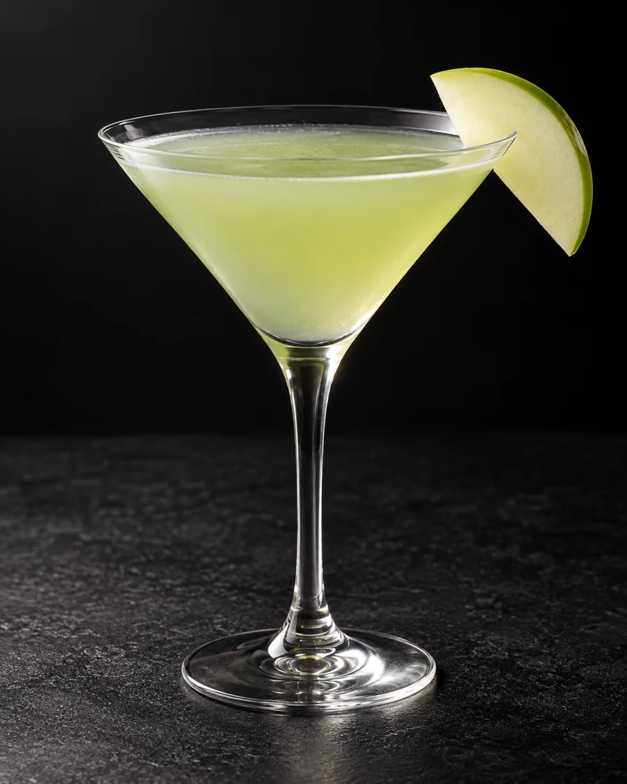 Pale green Appletini in a martini glass with thin green apple slices and no ice.