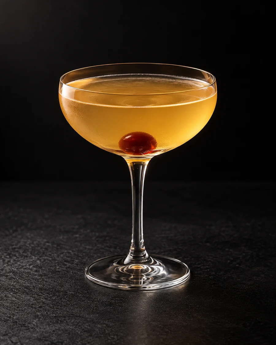 pale golden Apricot Cocktail in a coupe with one cherry and no ice.