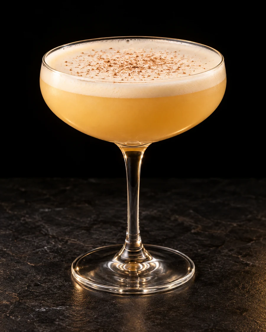 Apricot Flip in a coupe, served without ice, garnished with grated nutmeg, against a black background.