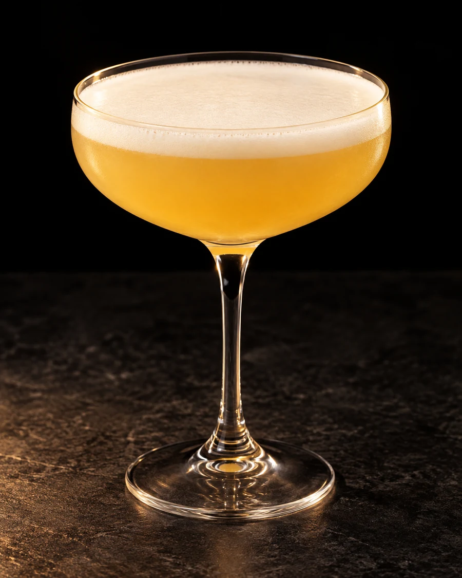 Apricot Lady in a coupe glass, without ice, ungarnished, against a black background.