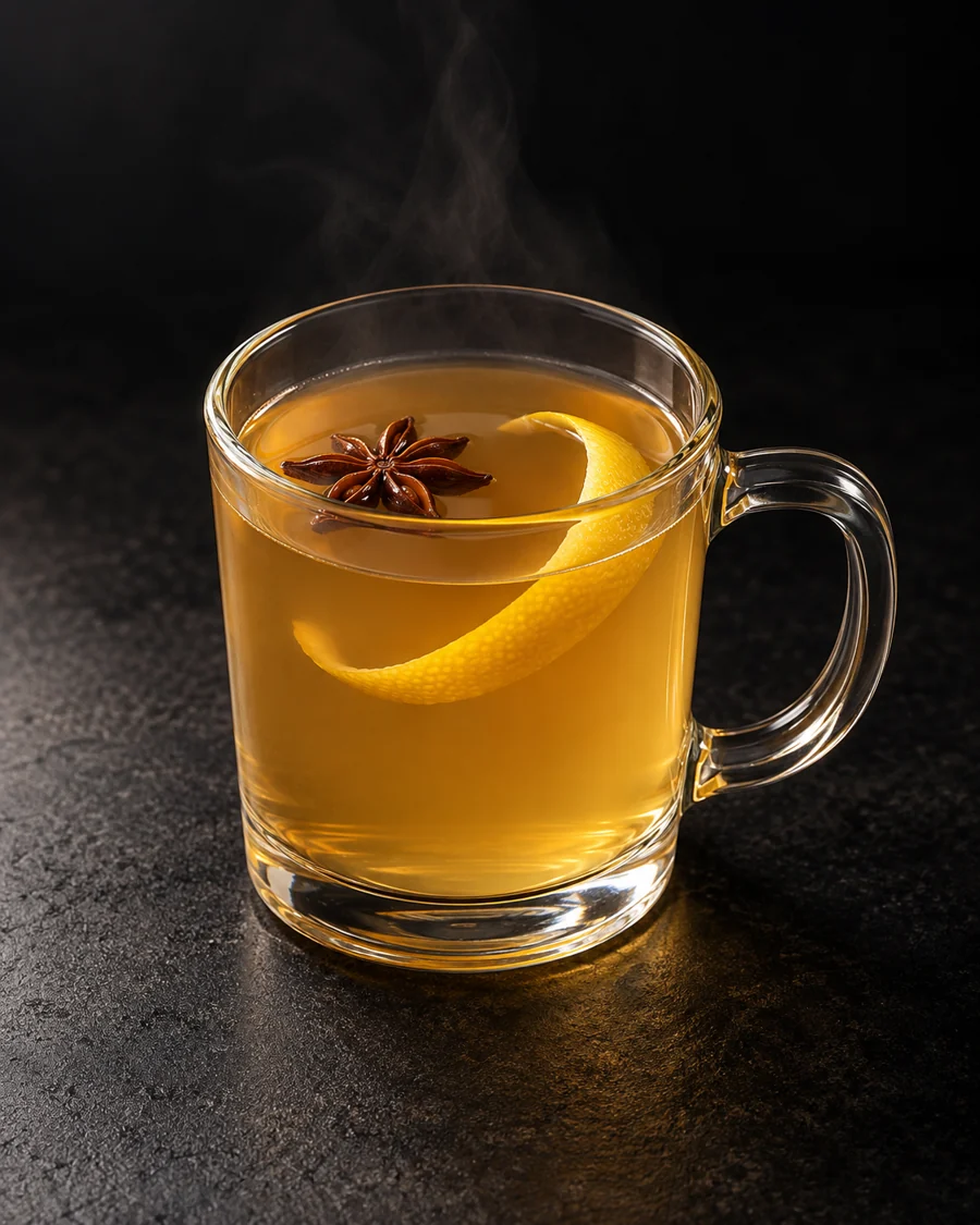 Warm pale amber Aquavit Hot Toddy in a heatproof mug, lemon twist and one star anise, no ice.