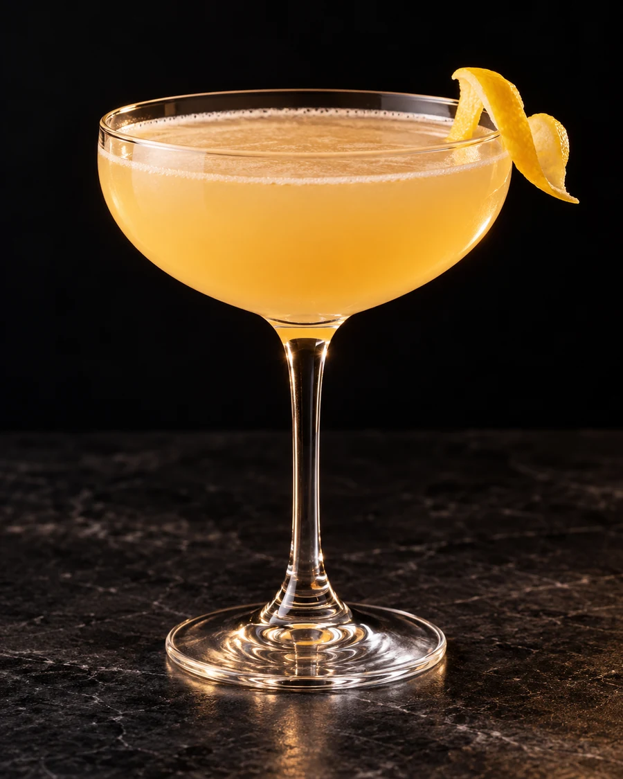 Aquitania in a coupe, served without ice, garnished with lemon peel, against a black background.