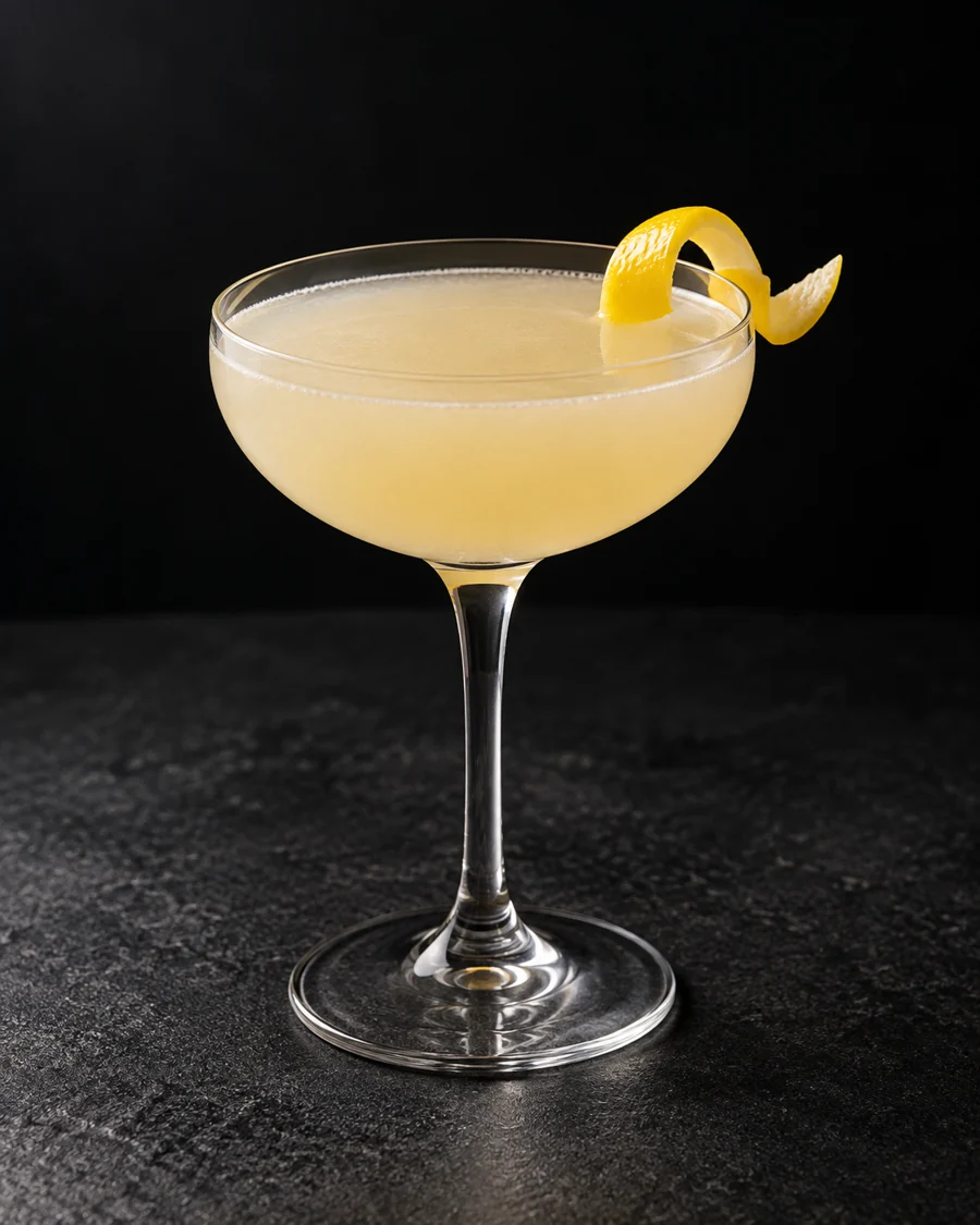 Pale opaque cream-yellow Army and Navy in a coupe with lemon twist and no ice.