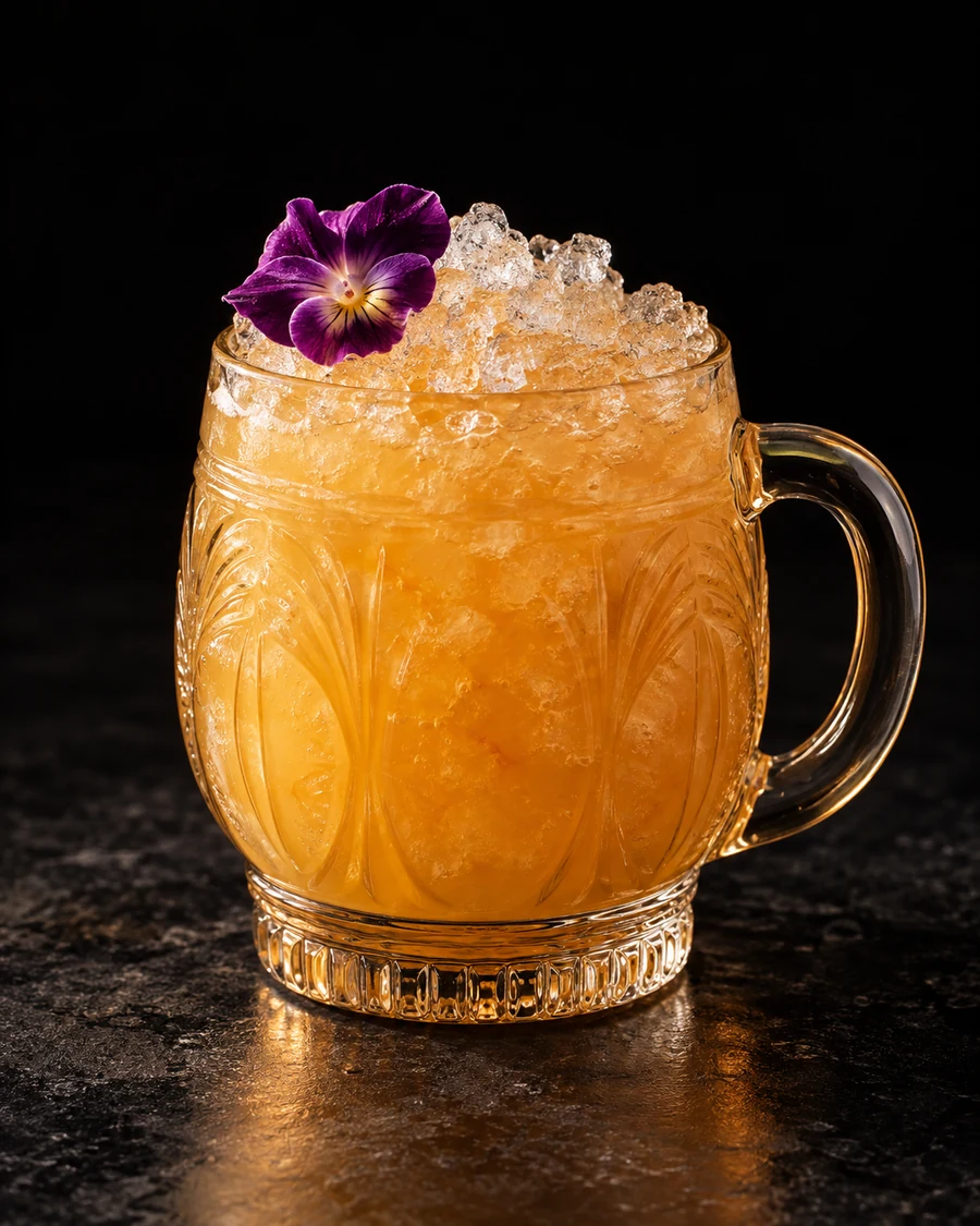 Army Navy Bowl: Golden-orange cocktail in a handled glass mug with crushed ice and a purple edible pansy.