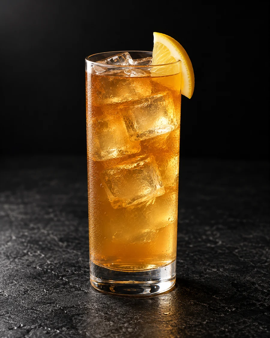 Clear amber-gold Arnold the Bavarian in a tall Collins glass over ice with lemon wedge.
