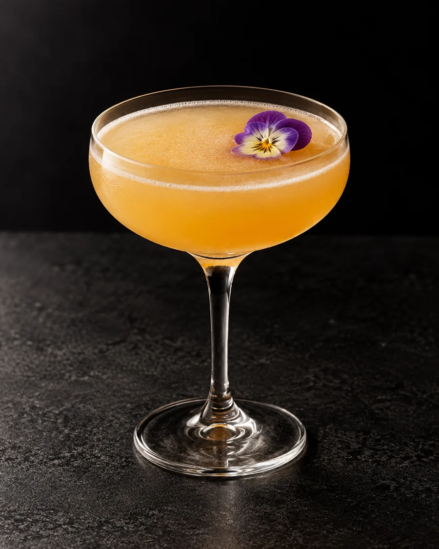 pale cloudy golden-orange Around the World in a coupe with one small edible flower, no ice.