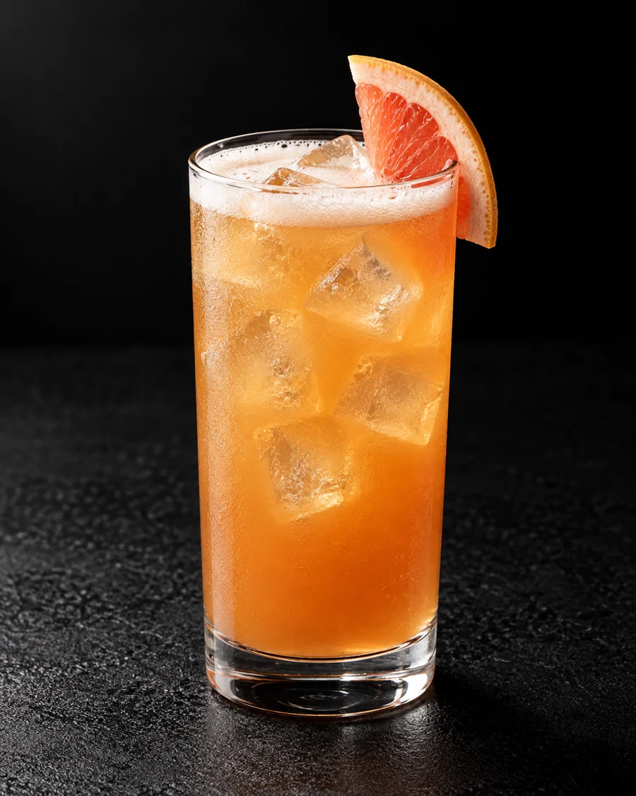 Cloudy orange-amber Arrowhead Limited over ice in a highball with light beer foam and grapefruit slice.