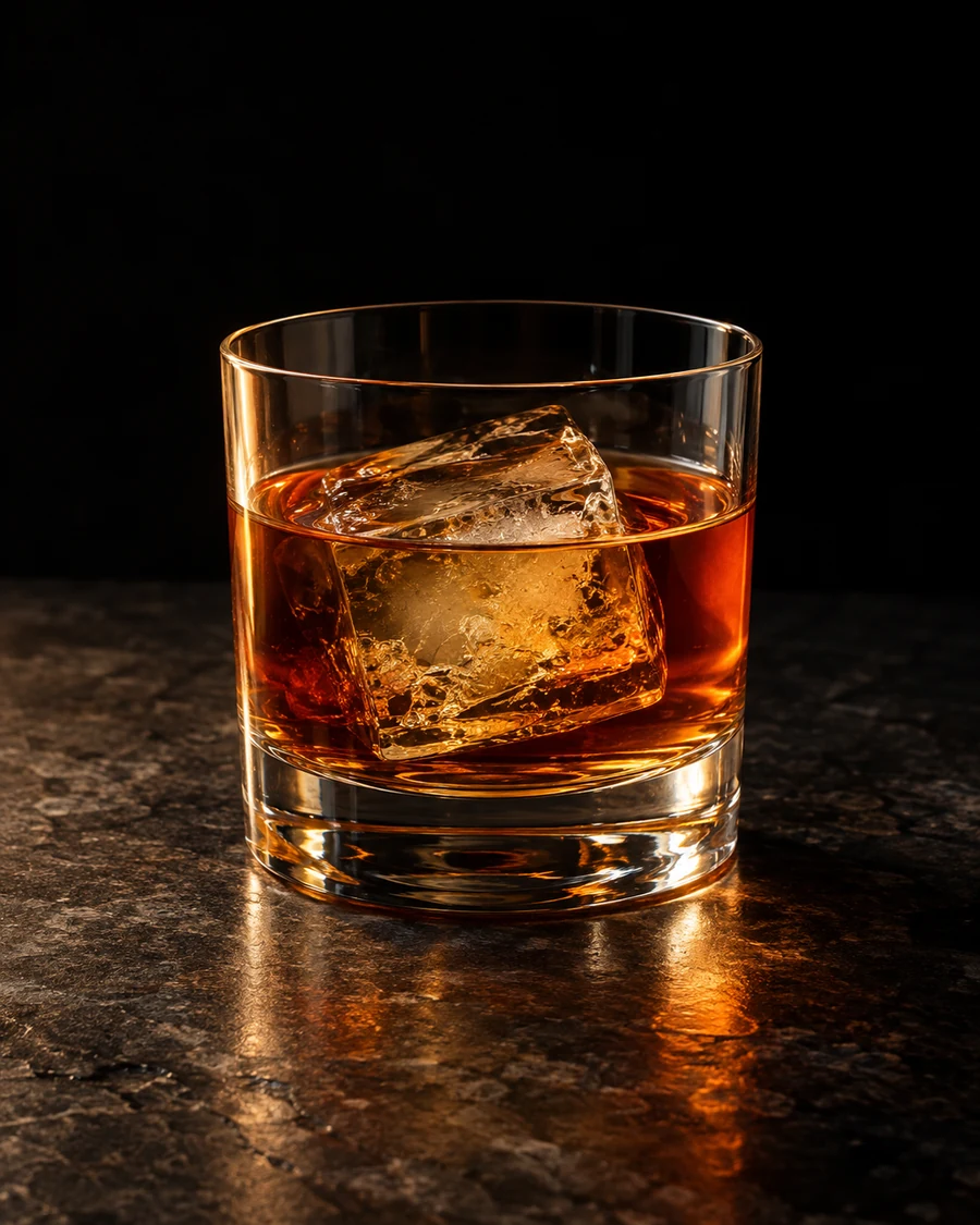As I Lay Dying: amber-brown stirred drink, rocks glass with one large cube, no garnish, intact centered glass, black studio background.