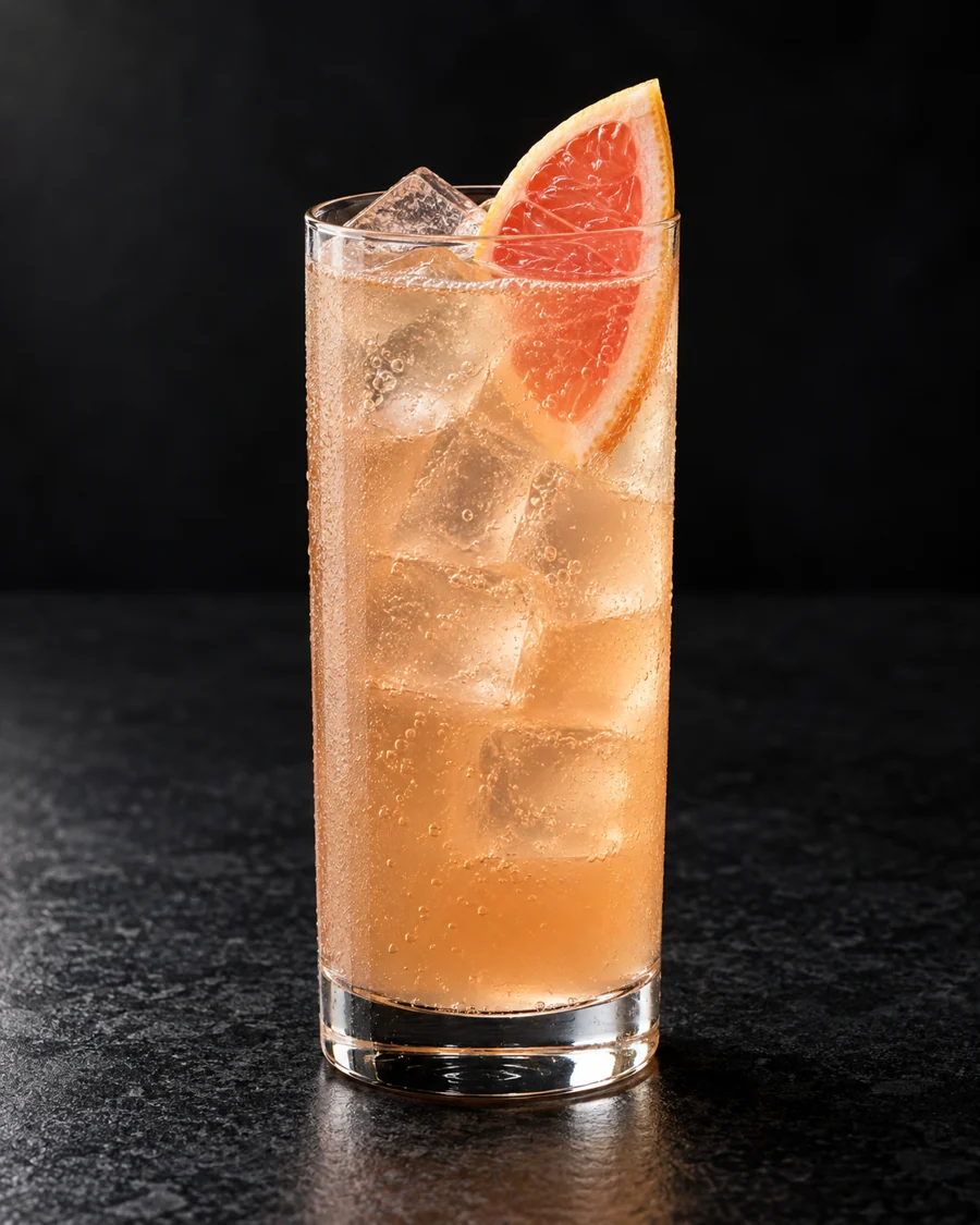 pale golden-pink Astral Plank in a Collins glass over ice with grapefruit slice.