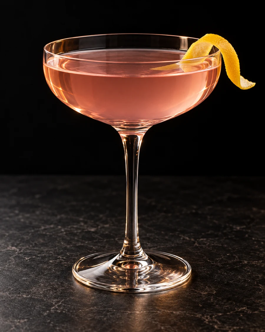 Atta Boy Cocktail in a coupe, served without ice, garnished with lemon peel, against a black background.