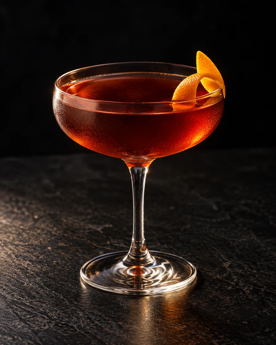 Atta Girl: Ruby amber drink in a coupe, orange twist and no serving ice.