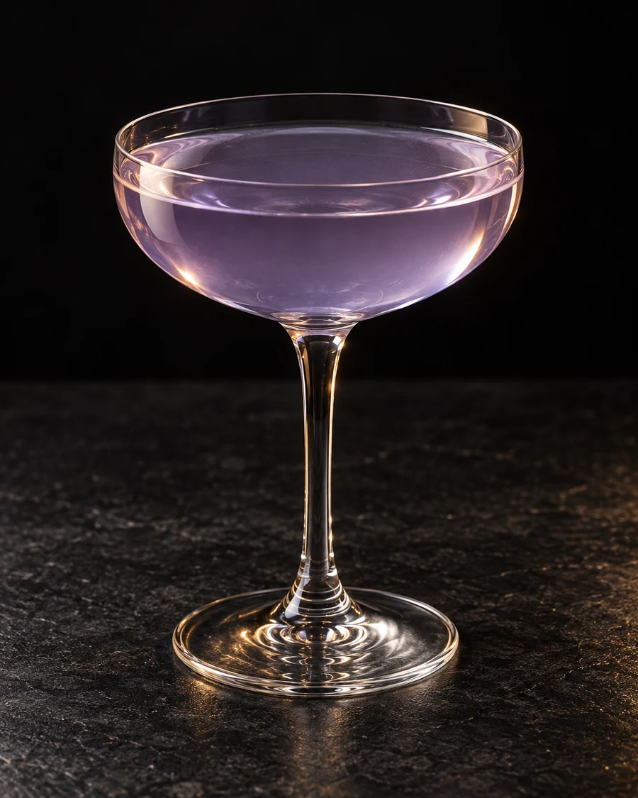 Attention in a coupe glass, without ice, ungarnished, against a black background.
