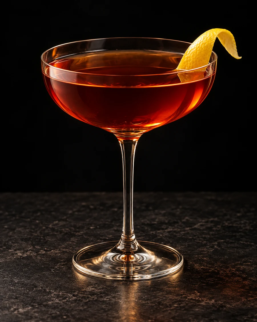 Auditing Princeton in a coupe, served without ice, garnished with lemon peel, against a black background.