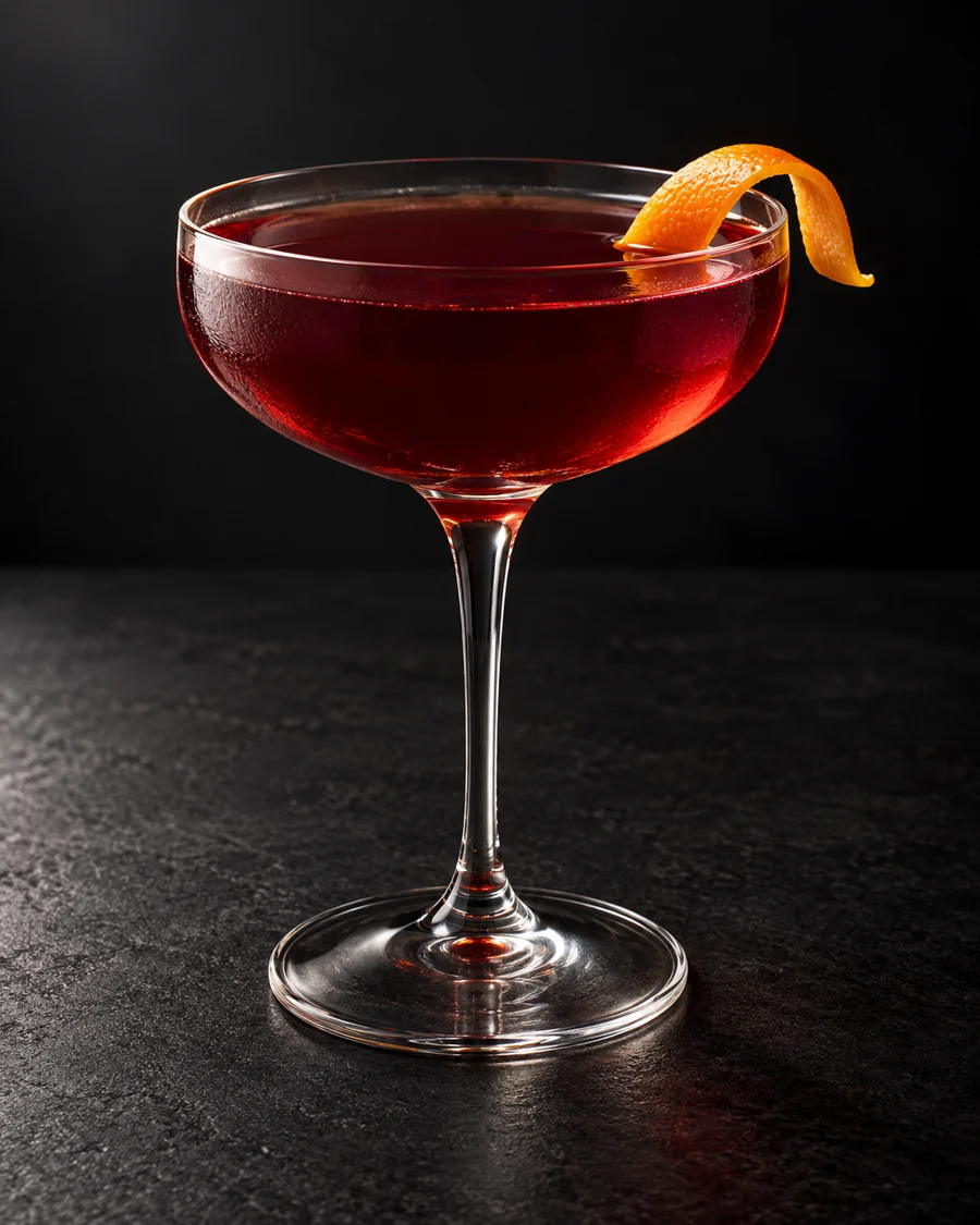 clear deep wine-red Aunt Cathy’s Old Time Potion in a large coupe with orange twist, no ice.