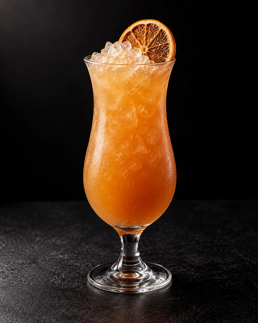Cloudy amber-orange Autumn Coldfront in a hurricane glass over crushed ice with dried orange wheel.