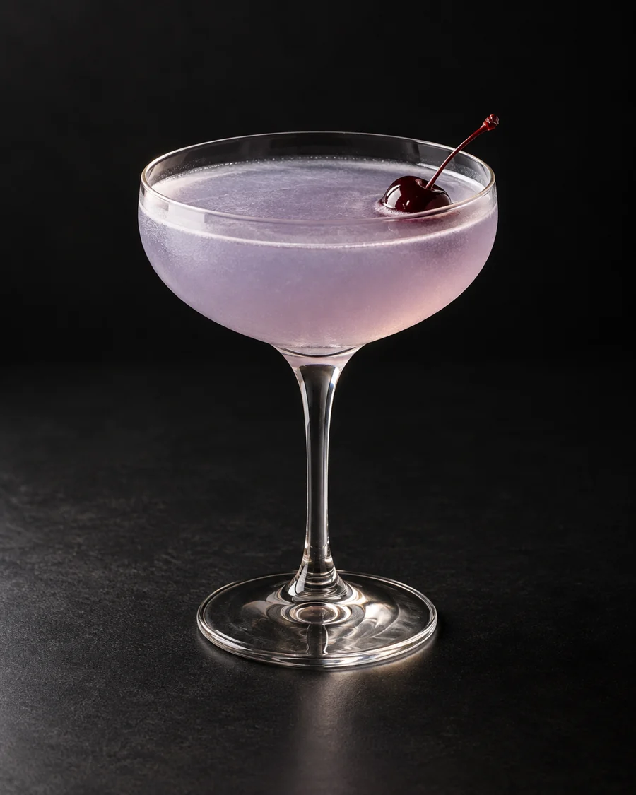 Aviation served in a coupe glass with a cocktail cherry against a black background.