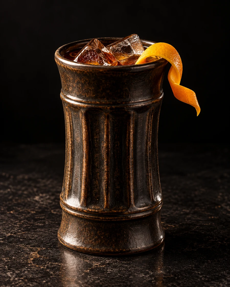 Aztec Death Whistle in a mug, over fresh ice cubes, with One visible orange twist (the source permits orange oils or an orange twist)., against a black background.