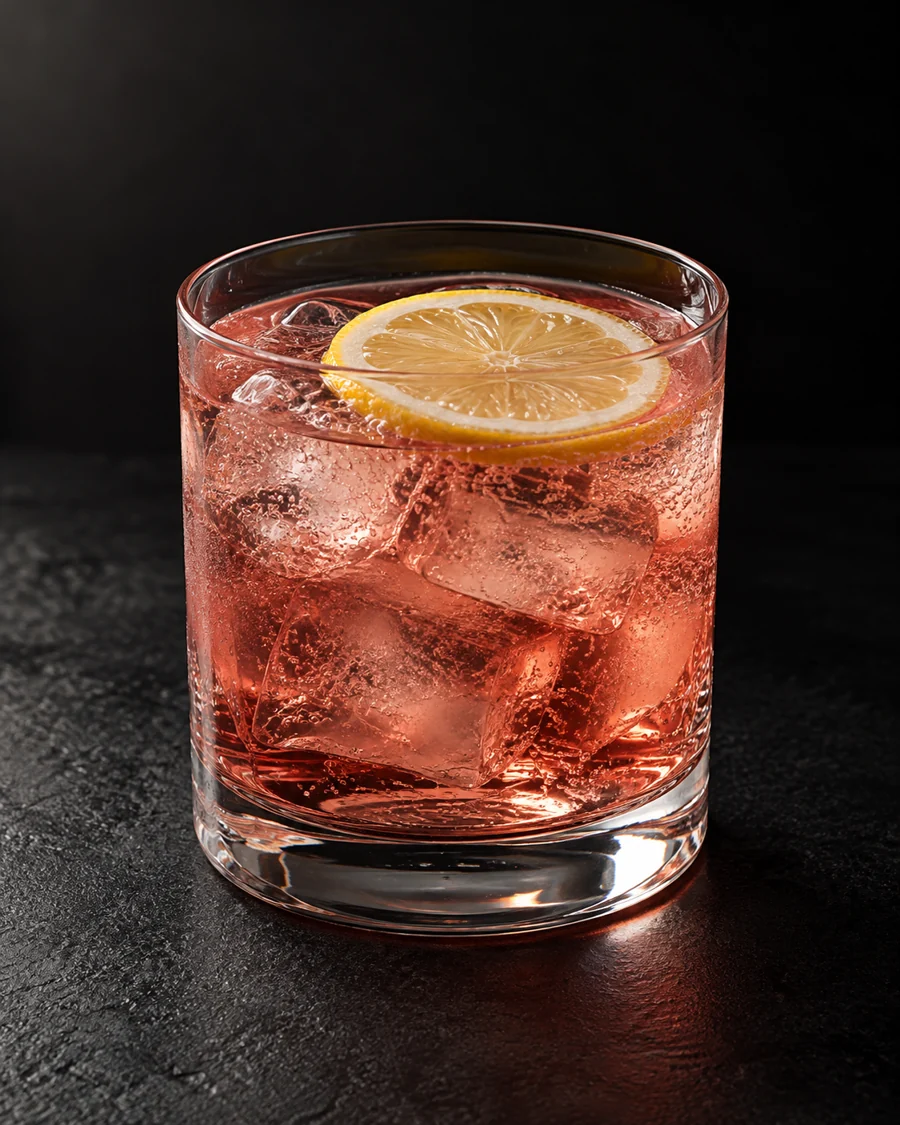 clear rosy BA to Barcelona over ice in a large rocks glass with a floating lemon slice.